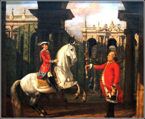 Pułkownik Koenigsfelds udziela lekcji jazdy konnej księciu Józefowi Poniatowskiemu w Wiedniu obraz Bernarda Bellotta 1773 roku